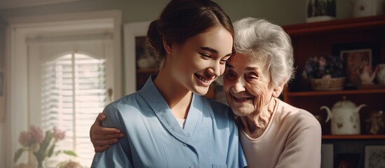 Caregiver embraces elderly woman during visit at home