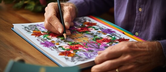 Caucasian senior man enjoying coloring book for National Coloring Book Day promoting retirement wellness and relaxation through art