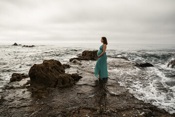 Pregnant woman posing in the long dress at Andalusian coast next to the sea