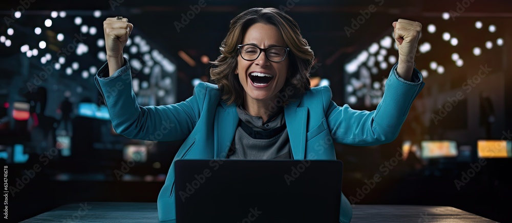 Poster an enthusiastic middle aged woman working on her laptop at night happily pointing to the side with o