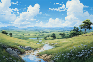 Landscape of meadow and river with blue sky and white clouds