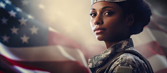 African American female soldier celebrating Veterans Day and being thanked for her service Composite image with military theme - Powered by Adobe