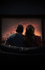 Young couple sitting on sofa watching TV together at home