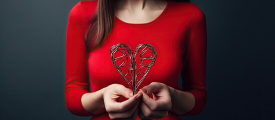 Caucasian woman celebrates National Paperclip Day with a heart symbol on red background representing office supplies and Norwegian resistance movement