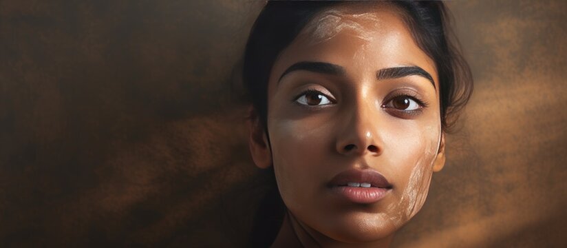 Composite image of an Indian woman examining her reflection with text about international skin pigmentation day conveying the concept of pigmentation awar