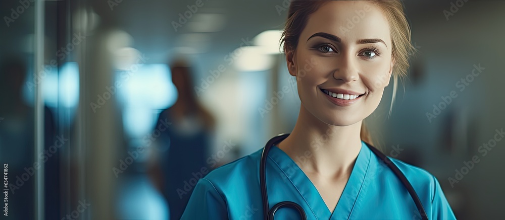 Poster happy female doctor in blue scrubs at hospital with available space medicine healthcare unchanged