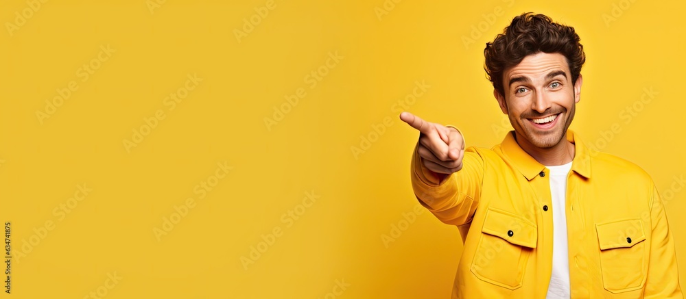 Aufkleber young man with joyful expression pointing fingers away from his palm on yellow background