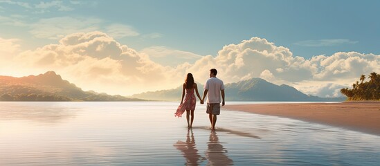 Couple hugging on beach talking enjoying date by ocean