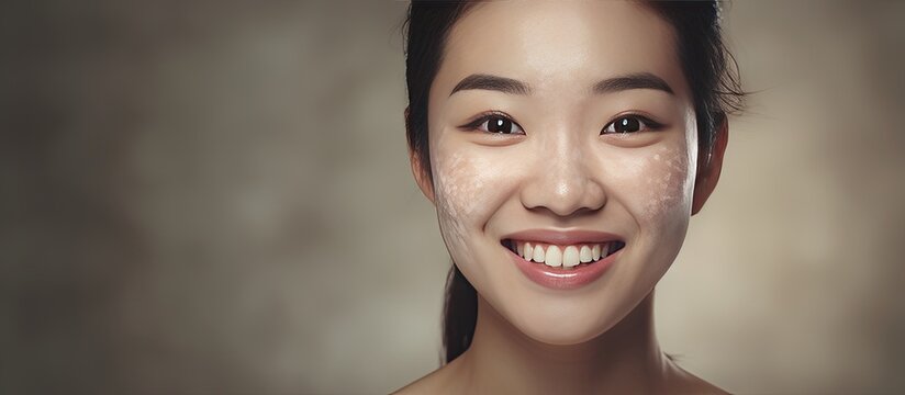 Asian woman with diverse skin pigmentation global awareness skincare blank area
