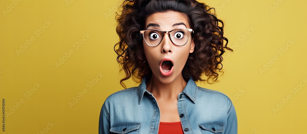 Poster surprised hispanic woman gesturing upwards with both hands indicating empty space