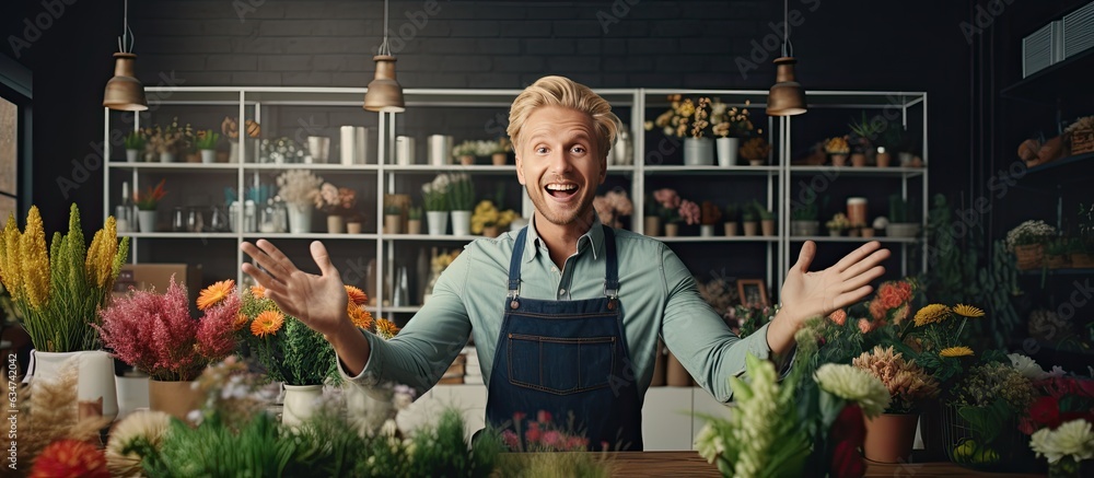 Aufkleber A joyful blonde man at a flower shop gesturing with open hands indicating something with space for an advertisement while happily smiling