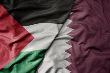 big waving realistic national colorful flag of palestine and national flag of qatar . - obrazy, fototapety, plakaty