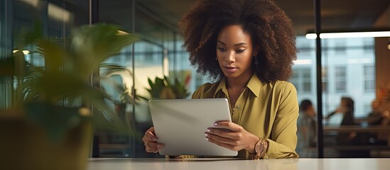 Black woman using tablet at work