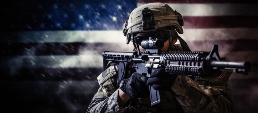 Composite image of a Caucasian soldier aiming gun against a black background representing armed forces day and the concepts of celebration honor and pa