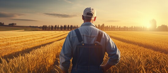 Farmer with tablet checks wheat field at sunset in rural meadow for a bountiful harvest