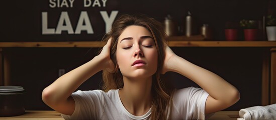 Caucasian woman irritated closing ears with pillow surrounded by digital alarm tired idle relaxing leisurely celebrating lazy day - Powered by Adobe