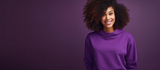 African American woman in purple sweatshirt with empty area Fashion design color and clothes idea