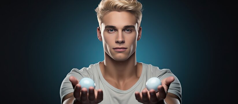 Young adult man with blond hair holding an object and presenting it on a blank background