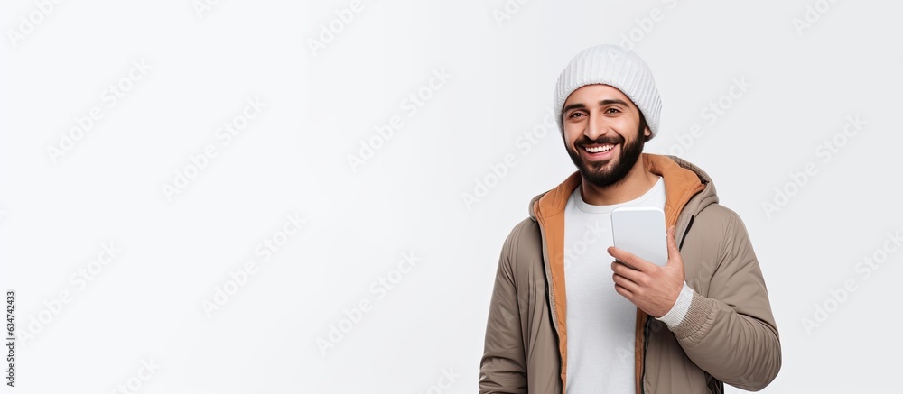 Poster smiling arab man displaying cellphone with blank screen for advertising