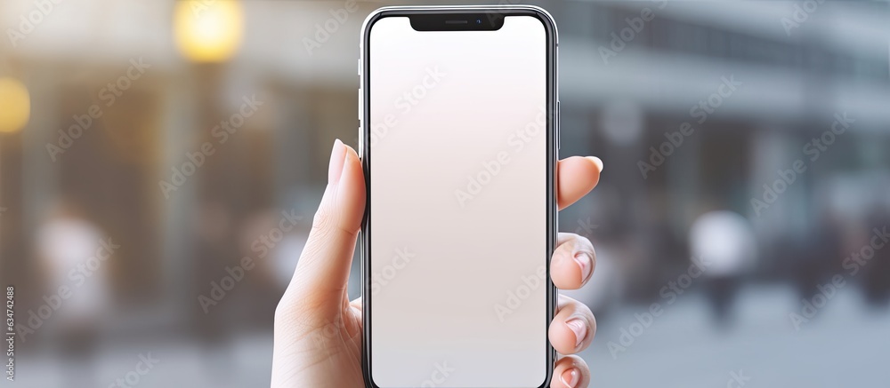 Aufkleber close up image of female hands holding mobile device with blank screen representing technology conce