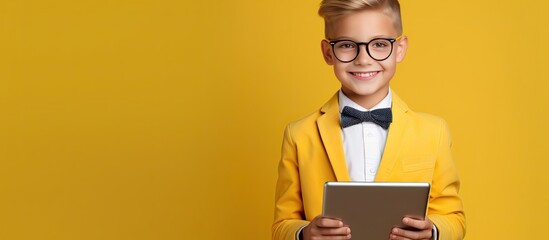 Happy child addicted to gadgets using tablet for gaming and enjoying apps