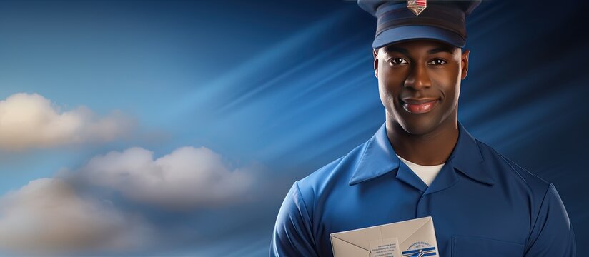 A portrait of a happy African American postal worker with mails celebrating National Postal Worker Day - Powered by Adobe