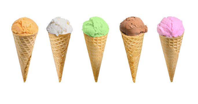 Ice cream scoops in waffle cones with on background.