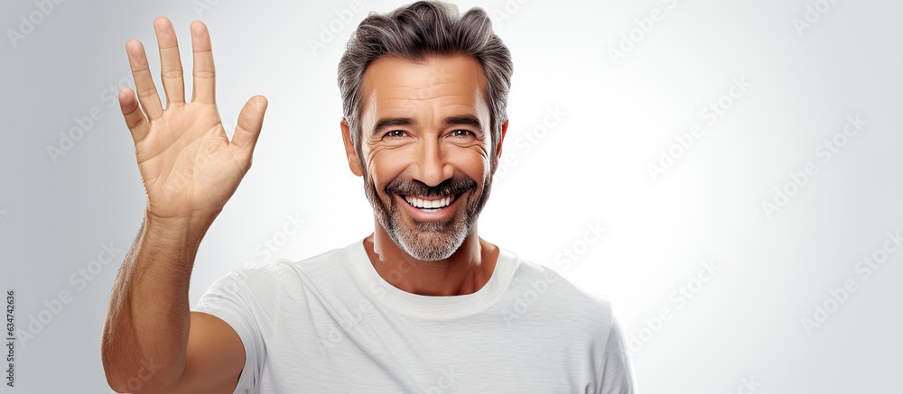 Poster smiling middle aged man showing concept in open hand