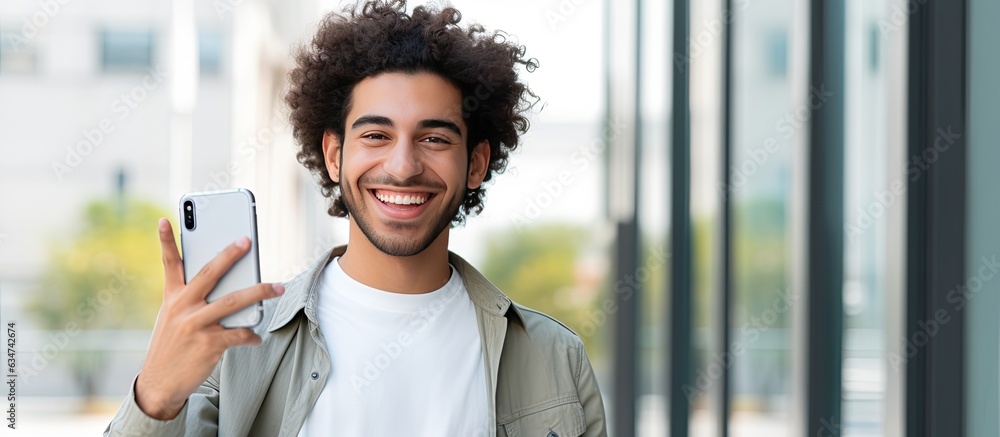 Aufkleber 25 year old middle eastern man smiling and making the ok sign while holding a smartphone in front of