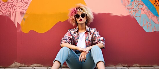 Female hipster leaning on colorful graffiti wall in denim clothes on city street