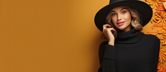 Happy woman in fall outfit pointing at copy space with maple leaves browsing Black Friday sales