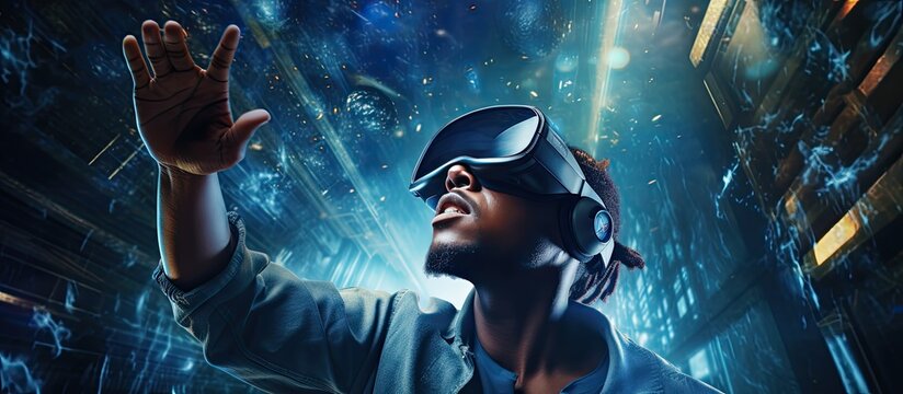 Black man wearing VR headset exploring virtual reality world with empty space on the left for copy