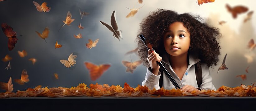 Biracial girl with pencil contemplating on International Students Day symbolizing childhood education and awareness