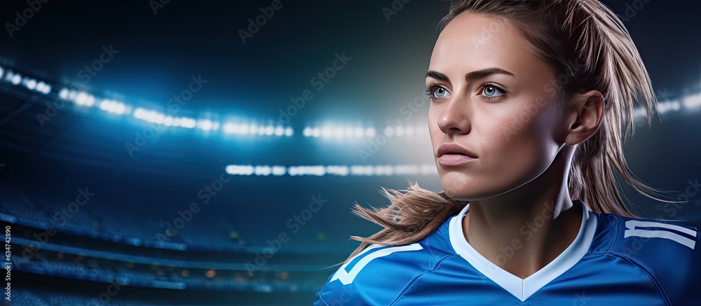 Sticker digital composite of a successful football league final with a female player over a blue background