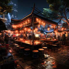 Vibrant energy of a street food market with colorful stalls and diverse cuisines AI Generative