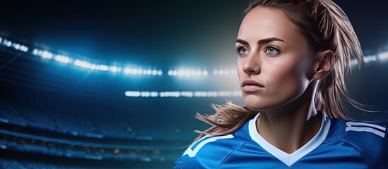 Digital composite of a successful football league final with a female player over a blue background