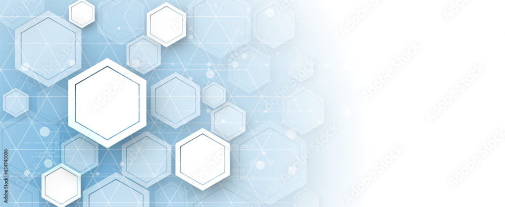 Poster Technology banner design with hexagons abstract background.