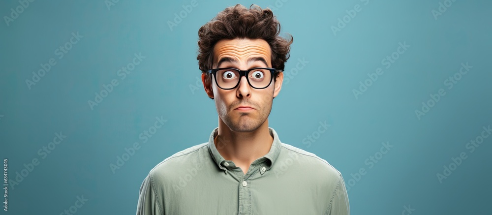 Poster A perplexed anxious young man glancing upwards uncertain and in doubt