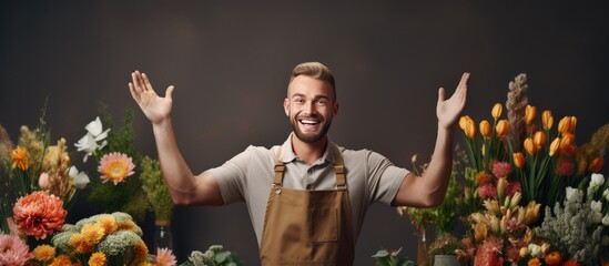 A joyful blonde man at a flower shop gesturing with open hands indicating something with space for an advertisement while happily smiling