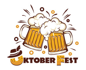 Oktoberfest beer festival logo. Beer mugs, bubbles, traditional hat, lettering. Vector on transparent background