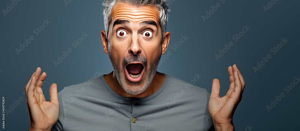 Poster Middle aged man in awe pointing upwards with both hands towards empty area