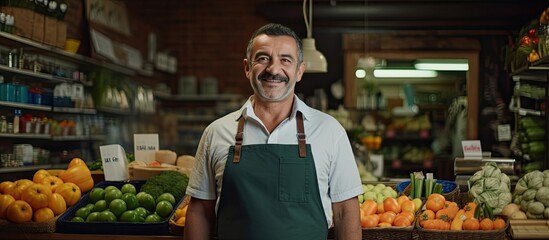 Latin man in an apron in a greengrocer s shop looking at the camera