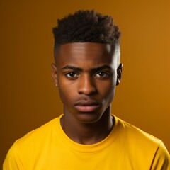 Young Latin American man with short brown hair. Closeup face of a serious Latin guy on a yellow background looking at the camera.  Emotionless dark-skinned grown up man in a yellow shirt