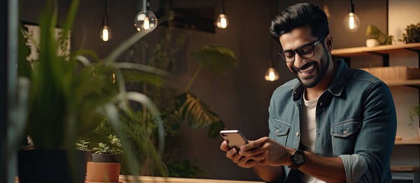 Smiling Indian Man Happily Using Smartphone At Home Office Enjoying Modern Technologies