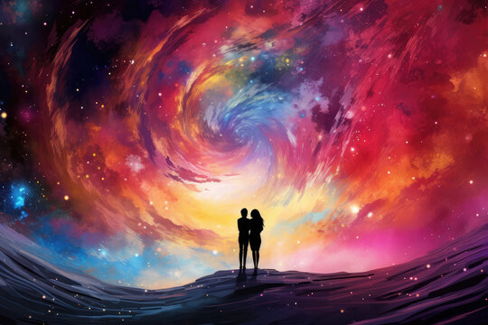 Couple in love standing on the edge of the ocean. Space background.