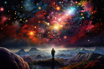 Man standing on top of the mountain and looking at the galaxy.