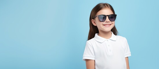 Photograph of attractive child model Kid in casual summer clothes posing in fashion studio Content girl wearing white polo shirt and sunglasses with arms