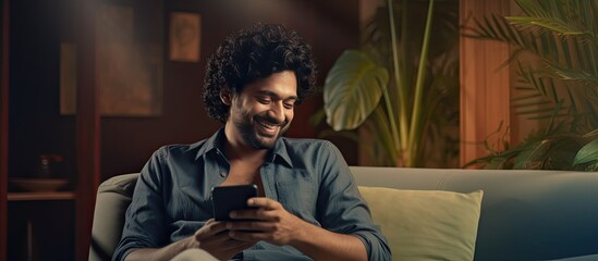 Young Indian man with curly hair happily talks to his girlfriend at home using his phone for browsing social media and using mobile apps The scene feature