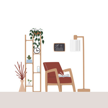 High wooden stand full of houseplants with clock. Privacy zone decorated with photo and floor lamp. Cozy armchair with open book over. Comfy living room interior hand drawn flat vector illustration