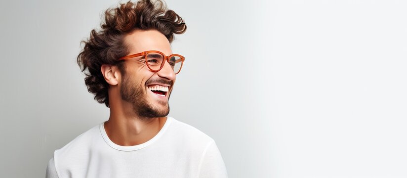 Happy man in stylish glasses smiling on white background trendy outfit room for text